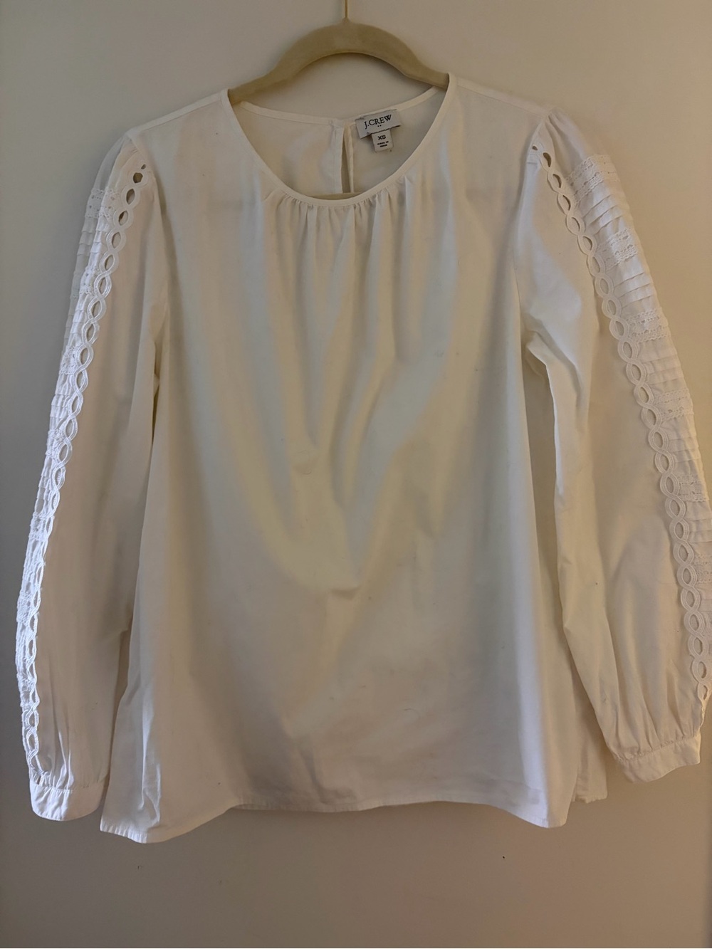 J. Crew White Long Sleeve Blouse with Lace-Trim Sleeves